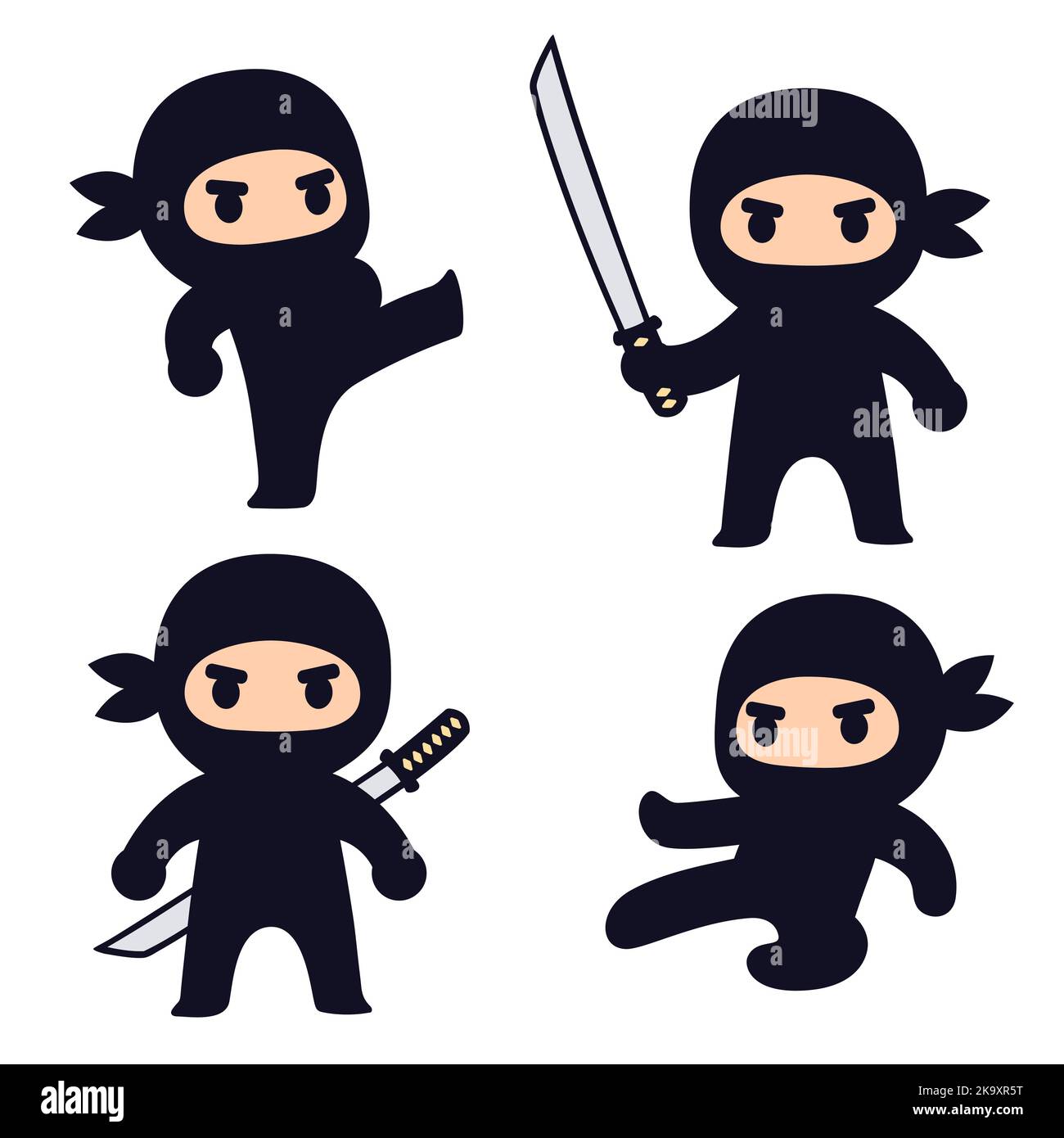 Cute cartoon ninja character set. Simple drawing of ninja with katana