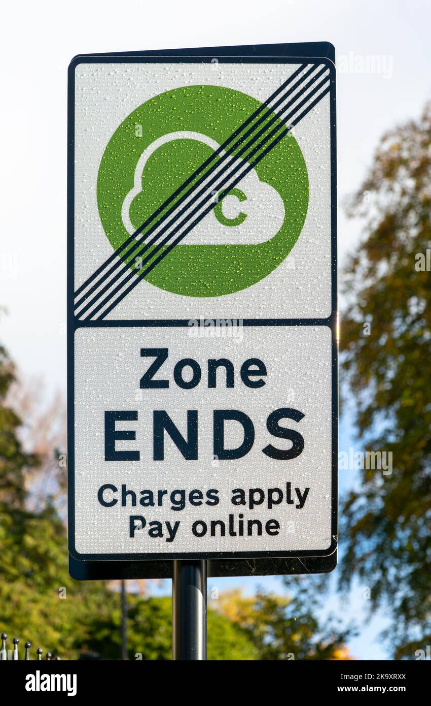 Clean Air Zone 'CAZ' ends sign, Lansdown, Bath, Somerset, England, UK