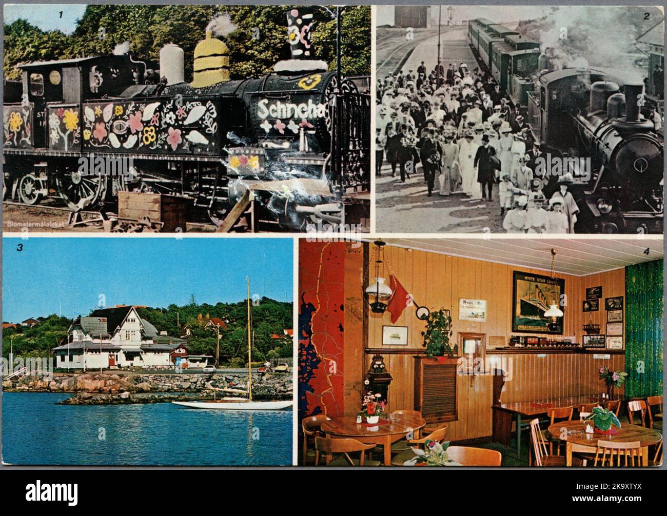 Postcard with a number of motives. 1. One of the so-called 'Blomstermåla-Locken'.2. King Oscar arrives at Särö station.3. The former station house during the 1960s.4. Interior from the former waiting room. Stock Photo