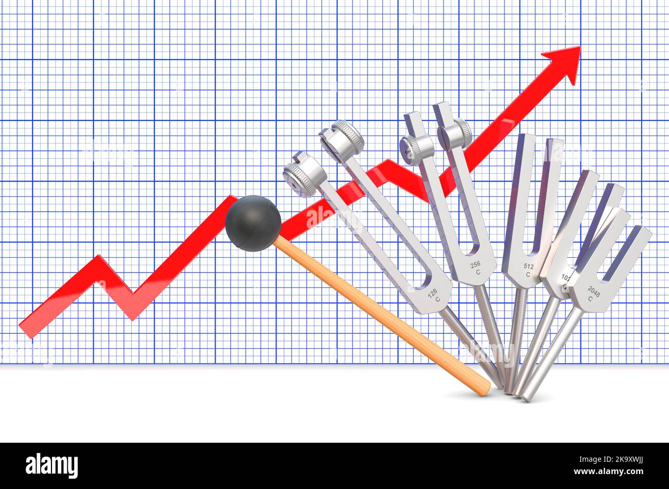 Medical tuning forks with growing chart. 3D rendering isolated on white