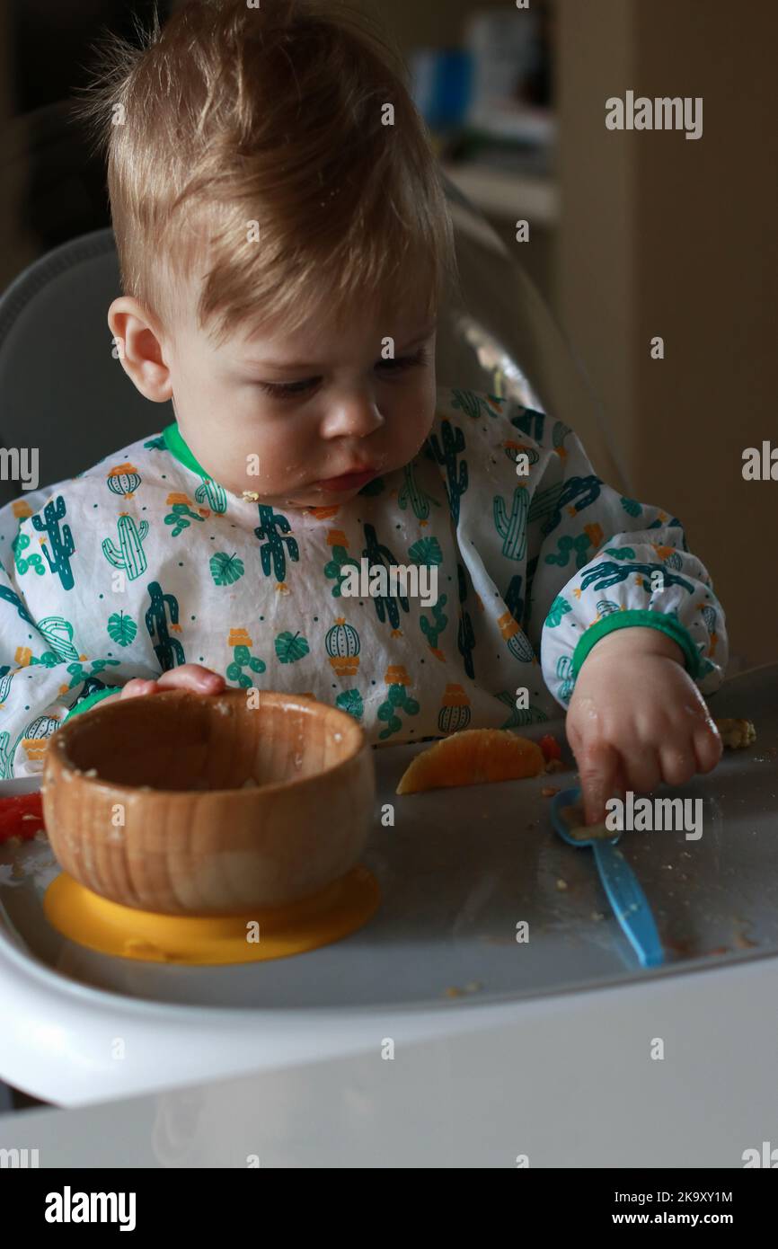 baby eating by himself learning through the Baby-led Weaning method Stock Photo
