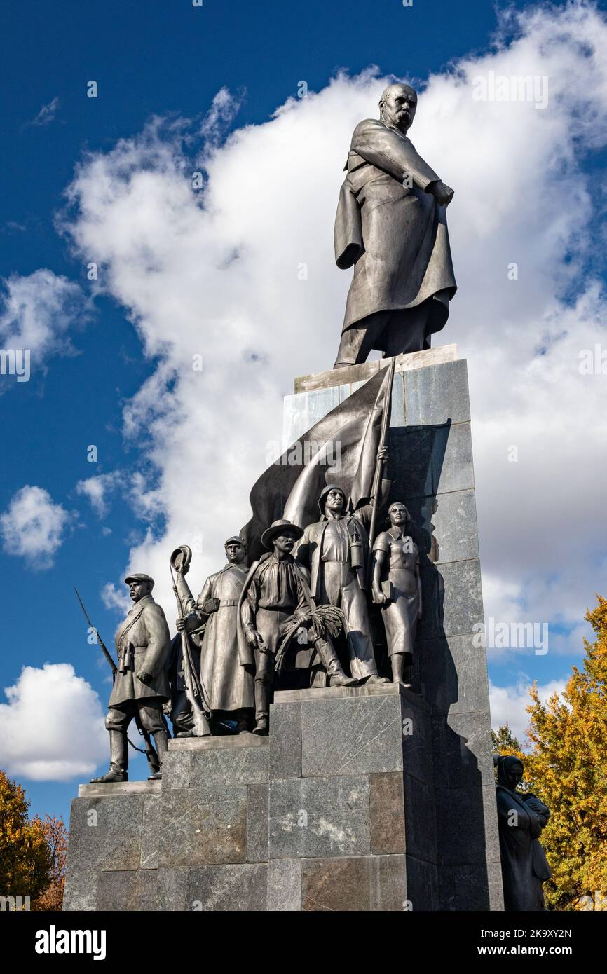 Taras Shevchenko Monument on blue sky with white clouds background in