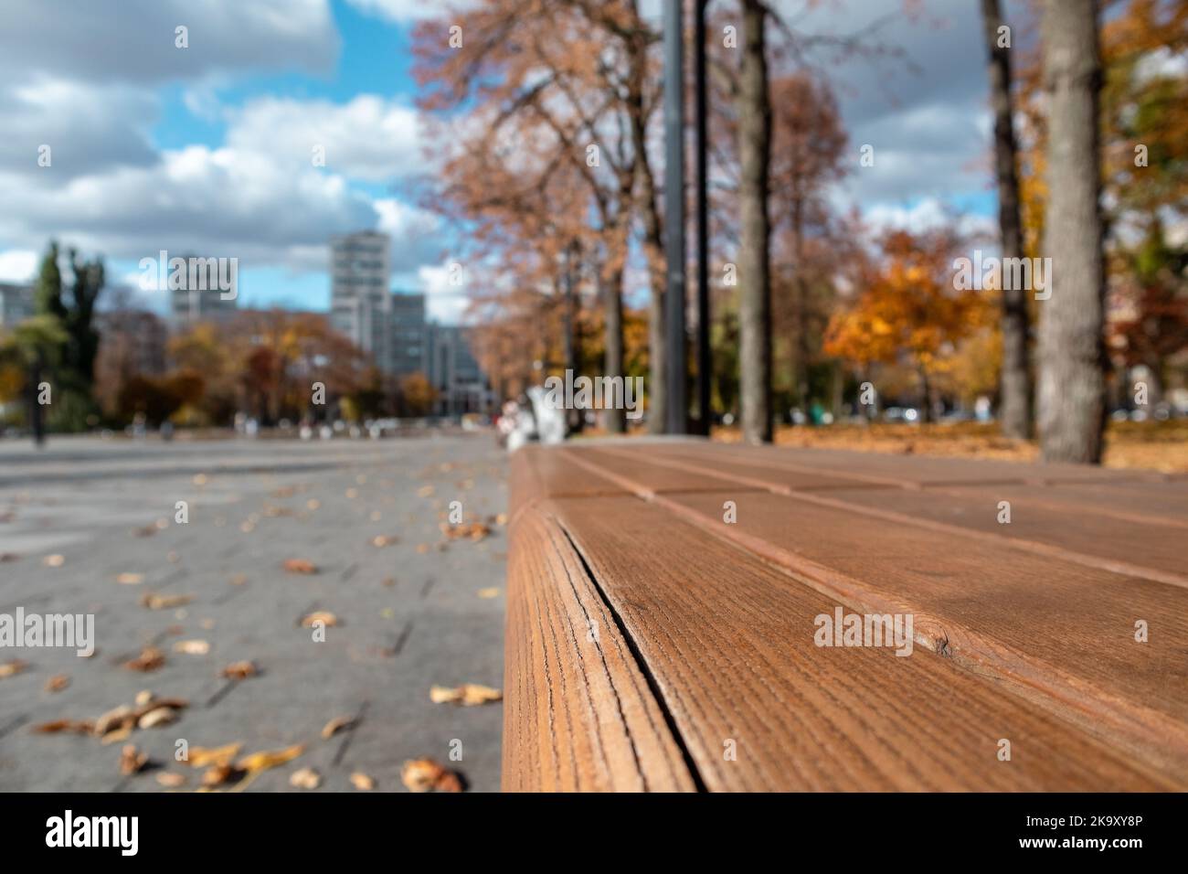 Street bench close-up with blurred autumn background. Recreation area with fountain on Svobody Square near Derzhprom constructivist building in Kharki Stock Photo