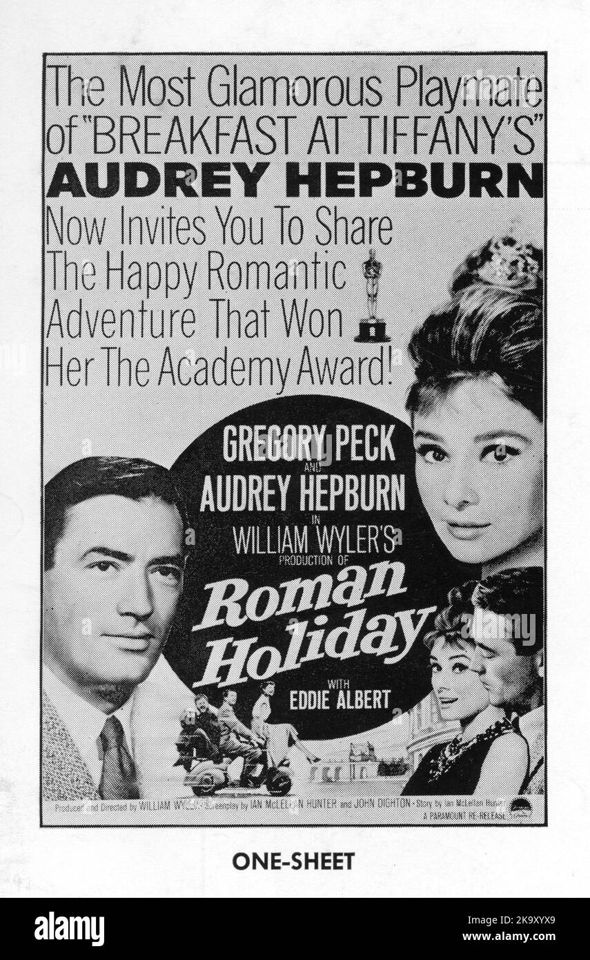 Image of Poster for 1962 re-release of GREGORY PECK AUDREY HEPBURN and EDDIE ALBERT in ROMAN HOLIDAY 1953 director / producer WILLIAM WYLER story Dalton Trumbo and Ian McLellan Hunter screenplay Dalton Trumbo Ian McLellan Hunter and John Dighton Paramount Pictures Stock Photo
