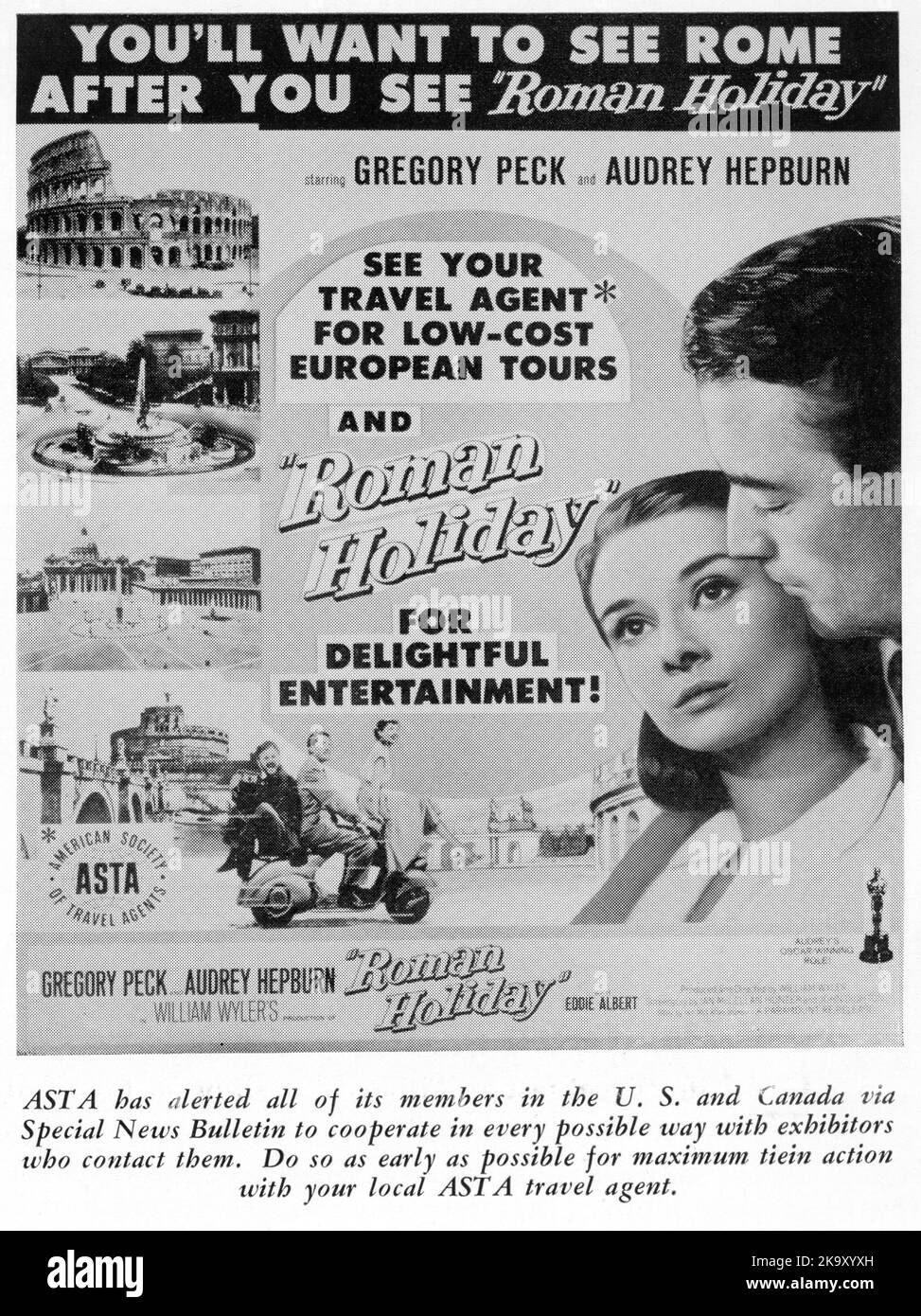 Advert Block for Travel Agents for 1962 re-release of GREGORY PECK AUDREY HEPBURN and EDDIE ALBERT in ROMAN HOLIDAY 1953 director / producer WILLIAM WYLER story Dalton Trumbo and Ian McLellan Hunter screenplay Dalton Trumbo Ian McLellan Hunter and John Dighton Paramount Pictures Stock Photo