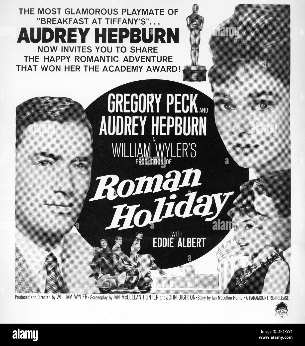 Advert Block for 1962 re-release of GREGORY PECK AUDREY HEPBURN and EDDIE ALBERT in ROMAN HOLIDAY 1953 director / producer WILLIAM WYLER story Dalton Trumbo and Ian McLellan Hunter screenplay Dalton Trumbo Ian McLellan Hunter and John Dighton Paramount Pictures Stock Photo