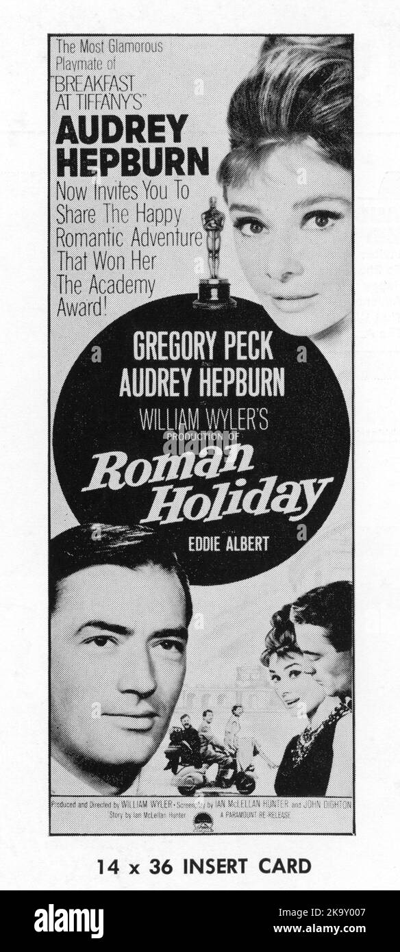 Image of Poster for 1962 re-release of GREGORY PECK AUDREY HEPBURN and EDDIE ALBERT in ROMAN HOLIDAY 1953 director / producer WILLIAM WYLER story Dalton Trumbo and Ian McLellan Hunter screenplay Dalton Trumbo Ian McLellan Hunter and John Dighton Paramount Pictures Stock Photo