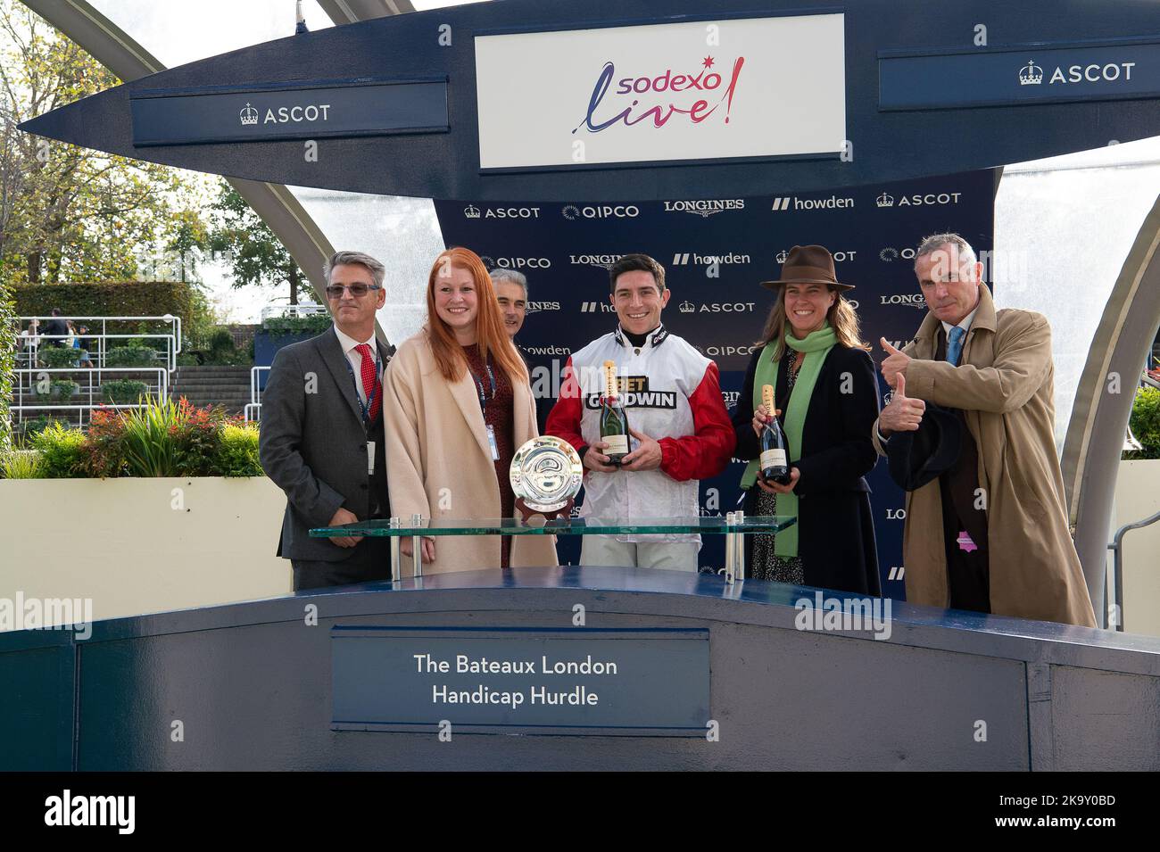 Ascot, Berkshire, UK. 29th October, 2022. The winners presentation for the Bateaux London Handicap Hurdle Race which was won by jockey Gavin Sheehan on horse Highway One O Two. Credit: Maureen McLean/Alamy Live News Stock Photo