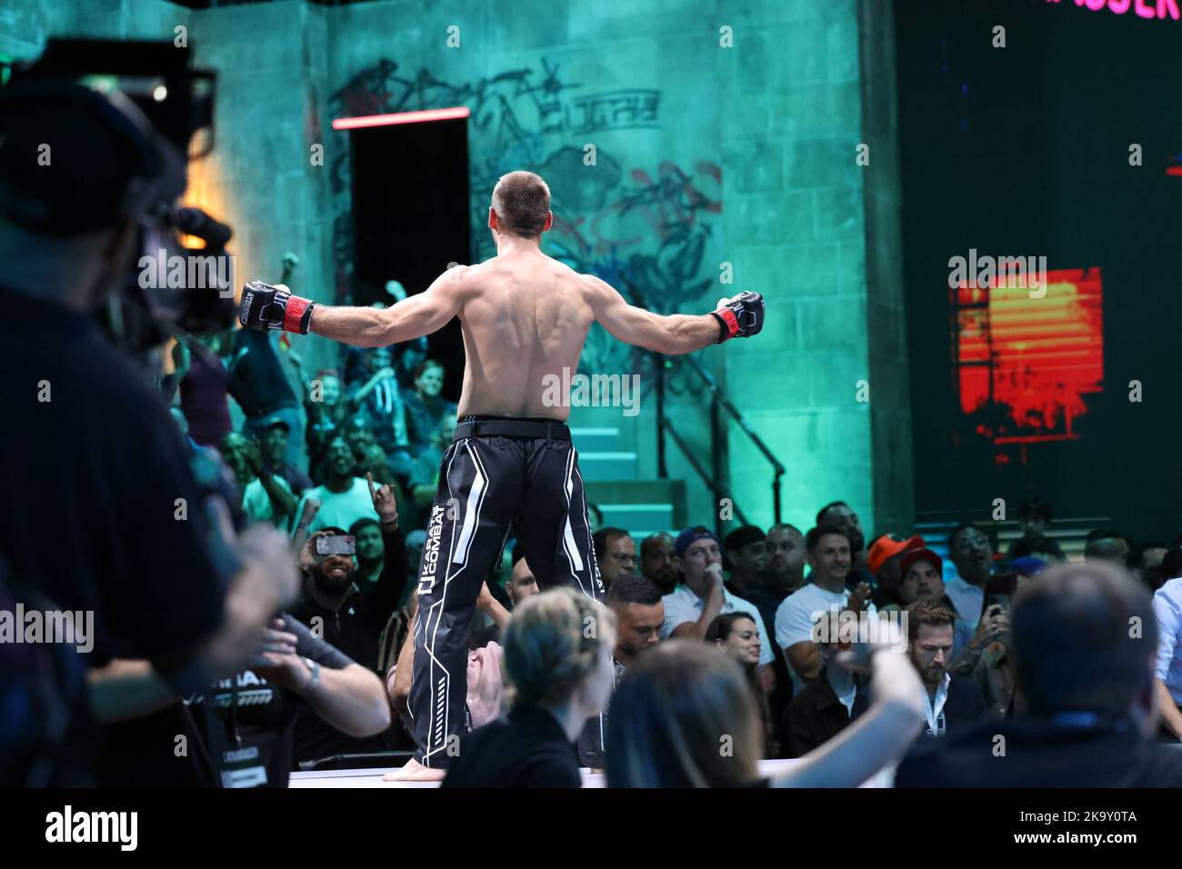 ORLANDO, FL - OCTOBER 29: Fernando Paz celebrates his knock out win over Diego Avendano during Karate Combat 36 on October 29, 2022 at Universal Studios in Orlando, Florida. (Photo by Aaron Litz/PxImages) Stock Photo