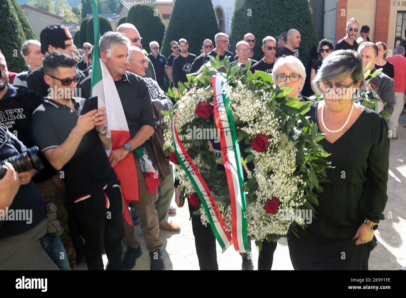 100th anniversary of the march of the fascists on Rome, commemoration ceremony organized by the Arditi of the Ravenna section. In the photo Orsola and Vittoria Mussolini, nephews of Benito Mussolini, carry a wreath of flowers inside the family crypt. Editorial Usage Only Stock Photo