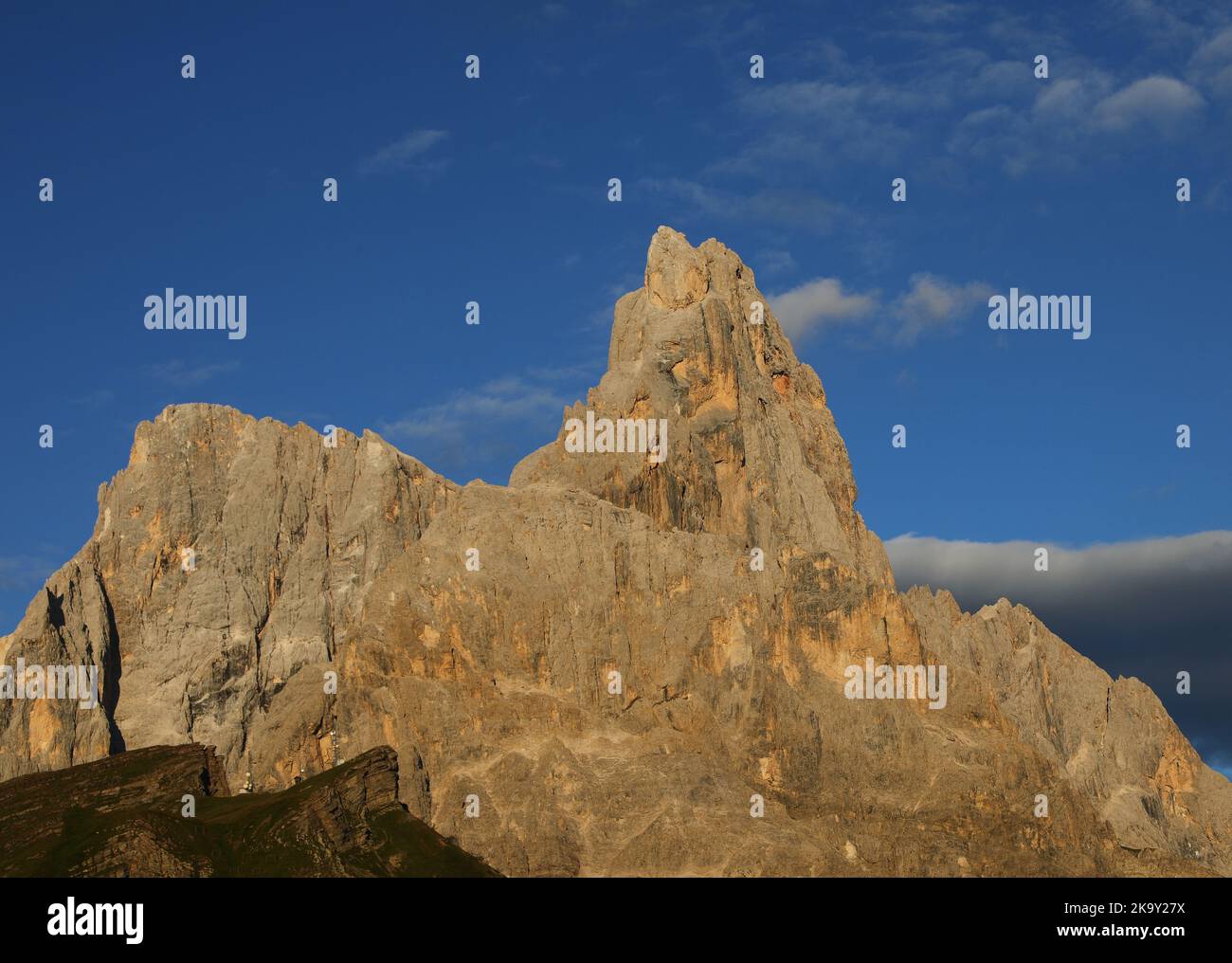 Panorama of the Dolomites in the Italian Alps and the typical orange color of the sunset called ENROSADIRA Stock Photo