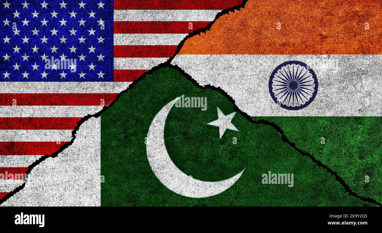USA, India and Pakistan flag together on a textured wall. Relations between Pakistan, India and United States of America Stock Photo