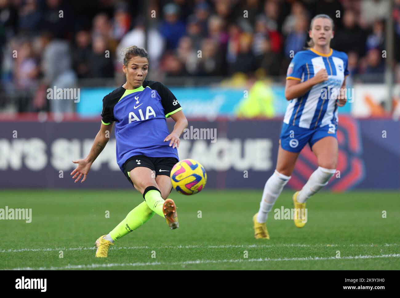 Crawley, UK. 30th Oct, 2022. Tottenham's Celin Bizet Ildhusoy shoots at goal during the FA Women's Super League match between Brighton & Hove Albion and Tottenham Hotspur at the Broadfield Stadium in Crawley. Credit: James Boardman/Alamy Live News Stock Photo