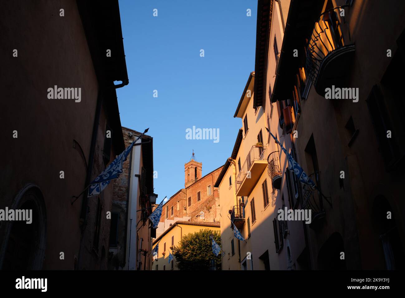 View of the small Italian town of Montepulciano in Tuscany, famous for its wine cellars, photographed at dawn Stock Photo
