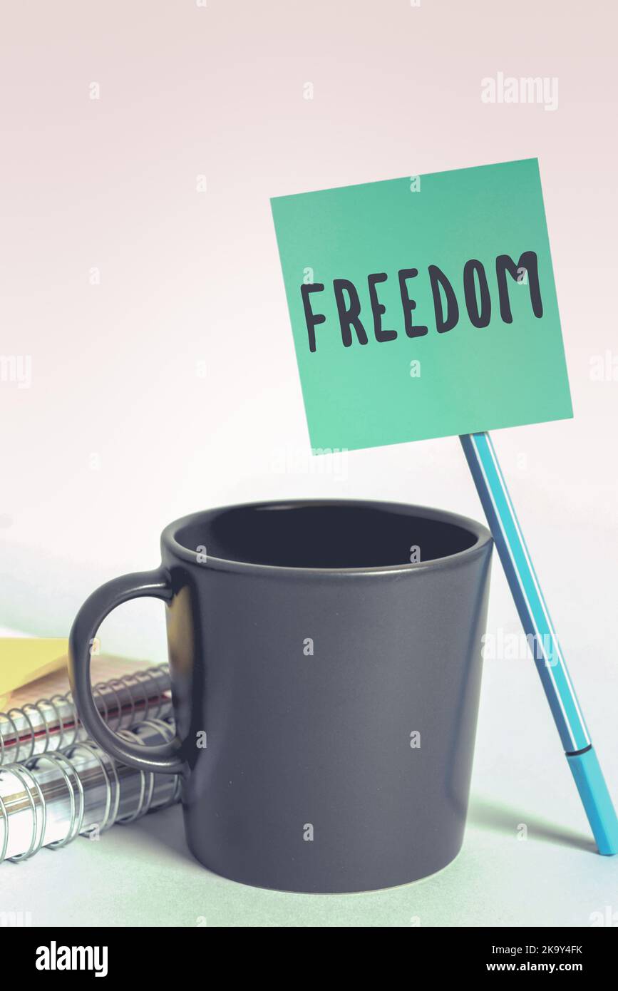 Handwriting text Freedom. Business approach power or right to act speak or think as one wants without hindrance Notebook With Important Message On Stock Photo