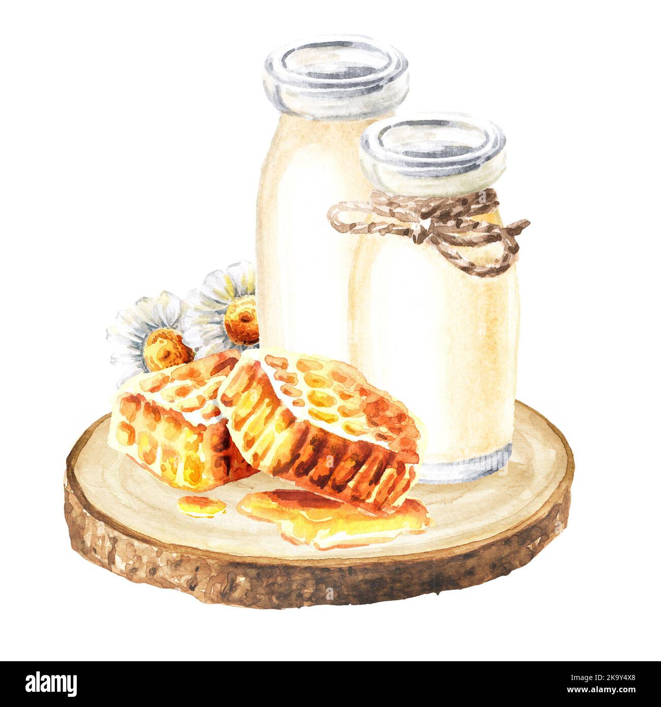 Homemade drinking honey yogurt in the bottles. Hand drawn watercolor