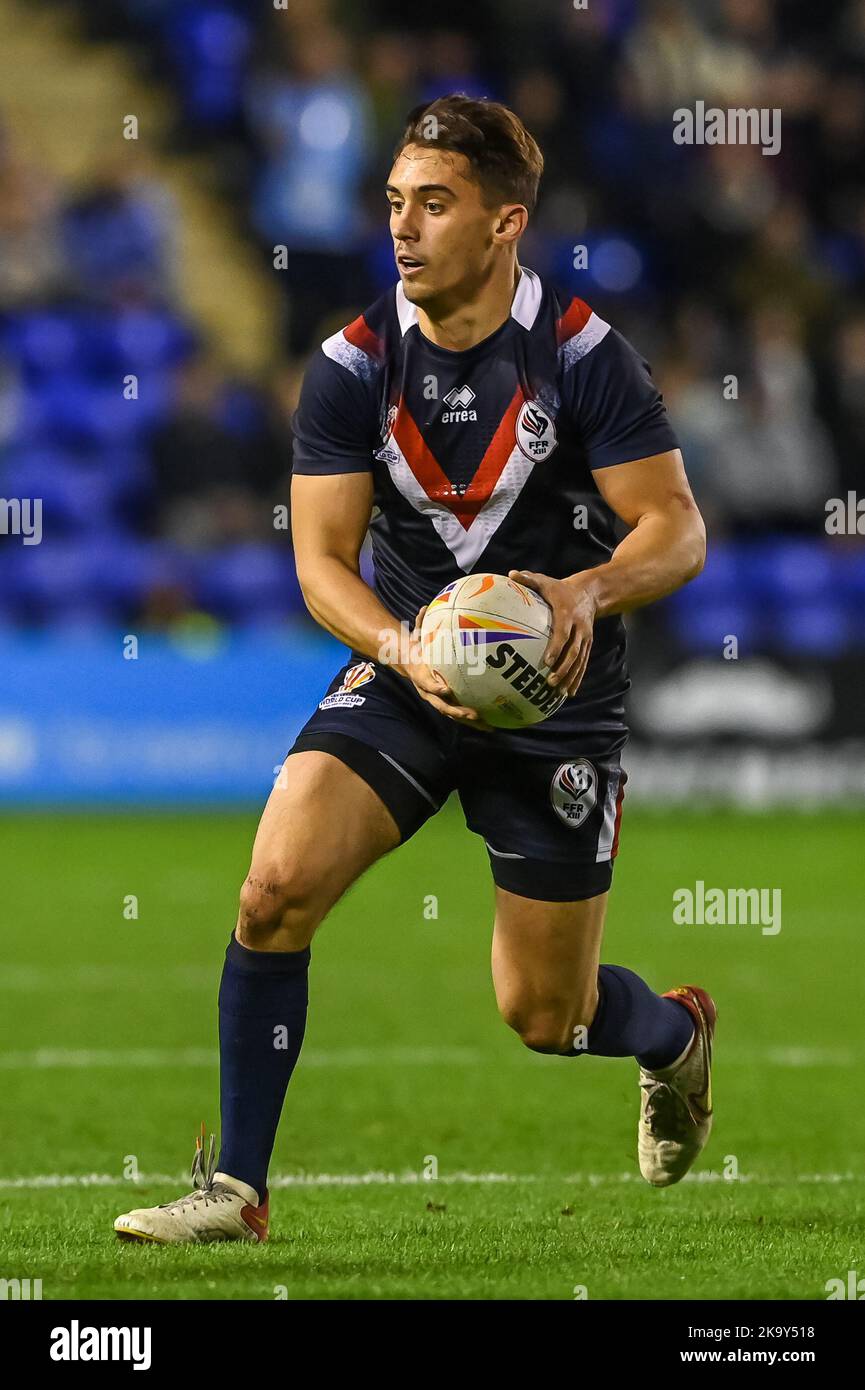 Arthur Mourgue of France in action during the Rugby League World Cup 2021 Group A match Samoa vs France at Halliwell Jones Stadium, Warrington, United Kingdom, 30th October 2022 (Photo by Craig