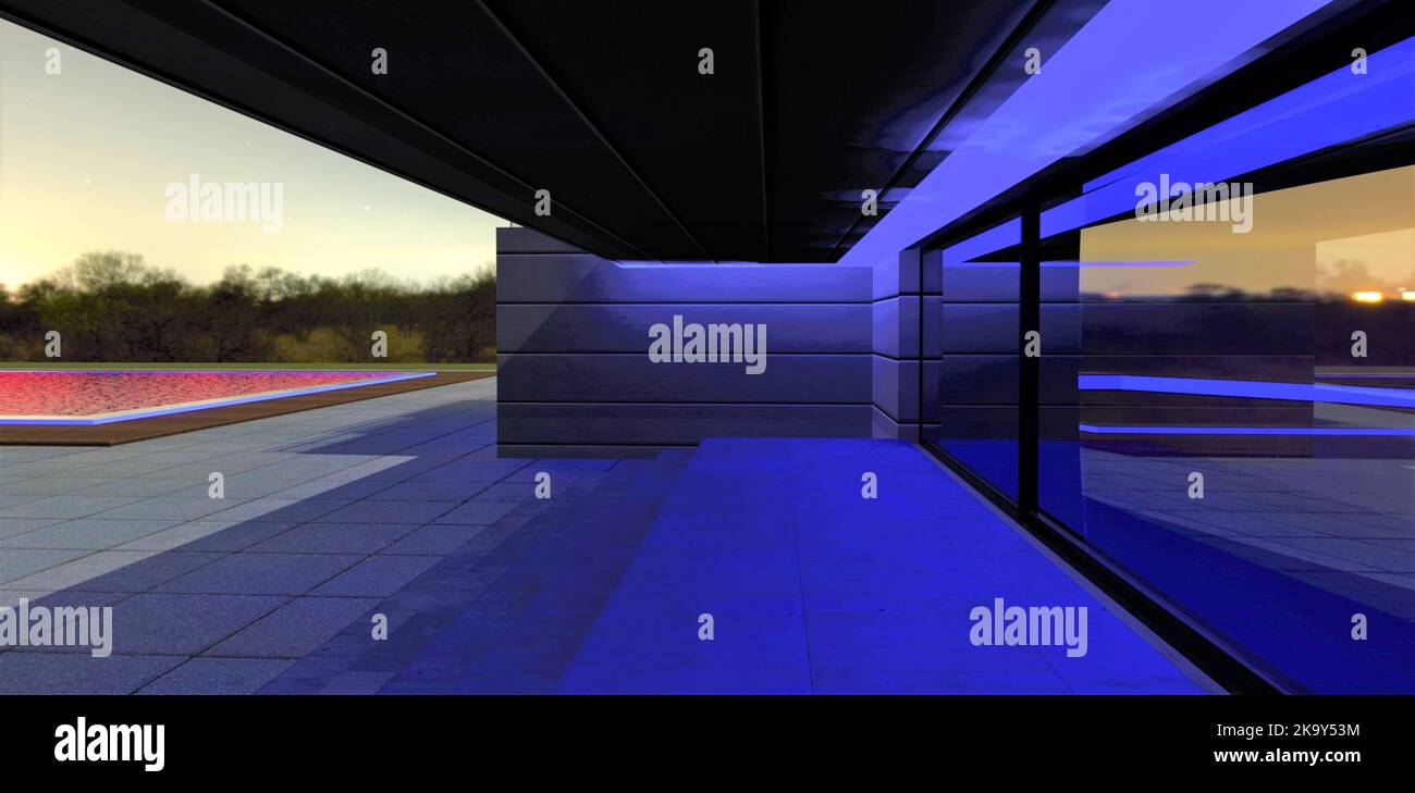 Illuminating the modern porch of an advanced country estate with blue