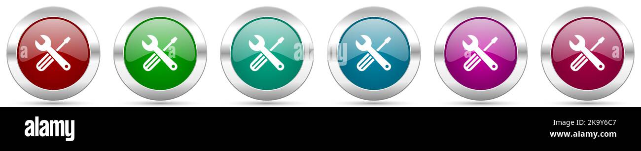 Tools silver metallic vector icon set, round glossy buttons with chrome border for web design Stock Vector