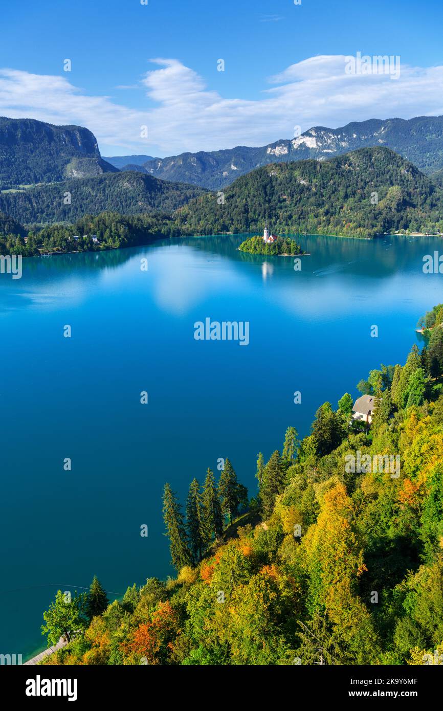 View over Lake Bled and Bled Island from Bled Castle, Lake Bled, Slovenia Stock Photo