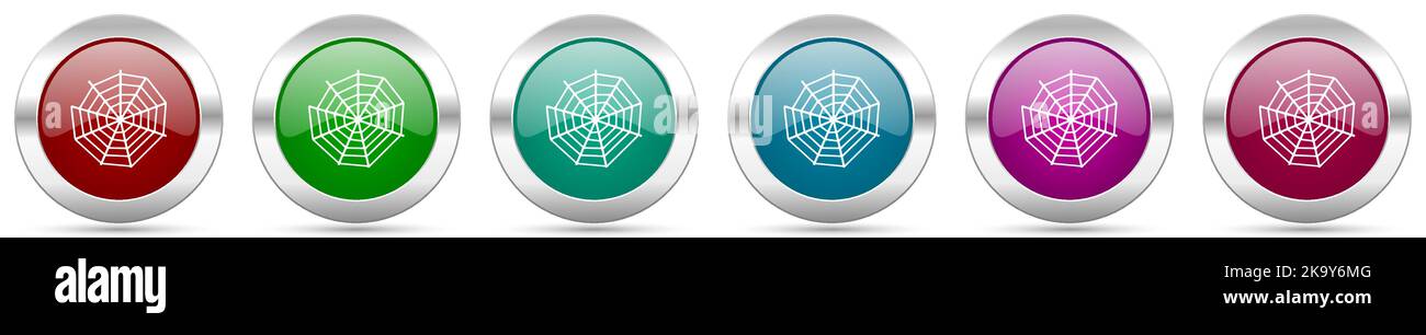 Spider web silver metallic vector icon set, round glossy buttons with chrome border for web design Stock Vector