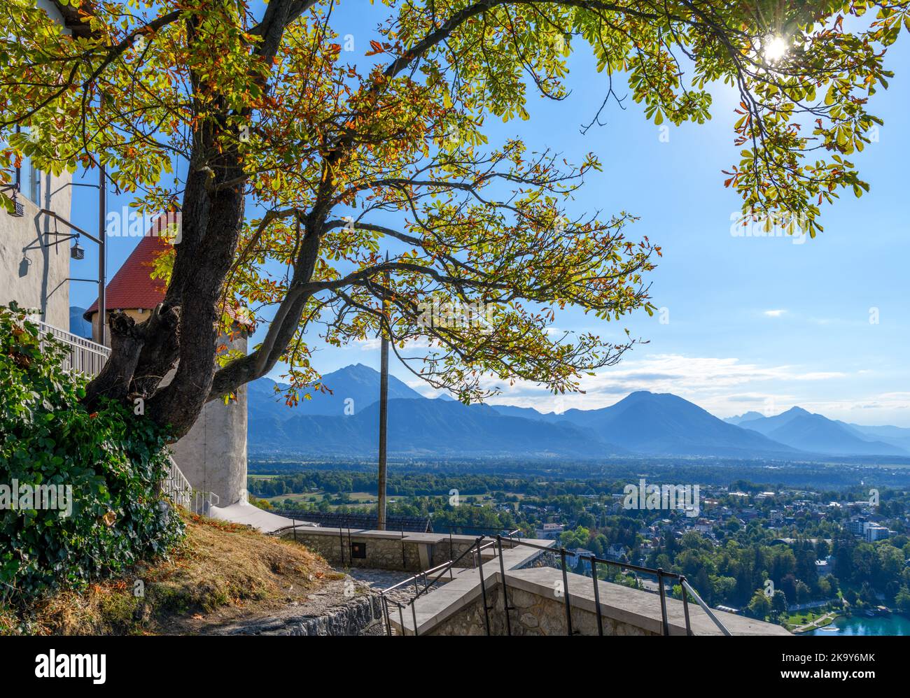 View over the village of Bled from Bled Castle, Lake Bled, Slovenia Stock Photo
