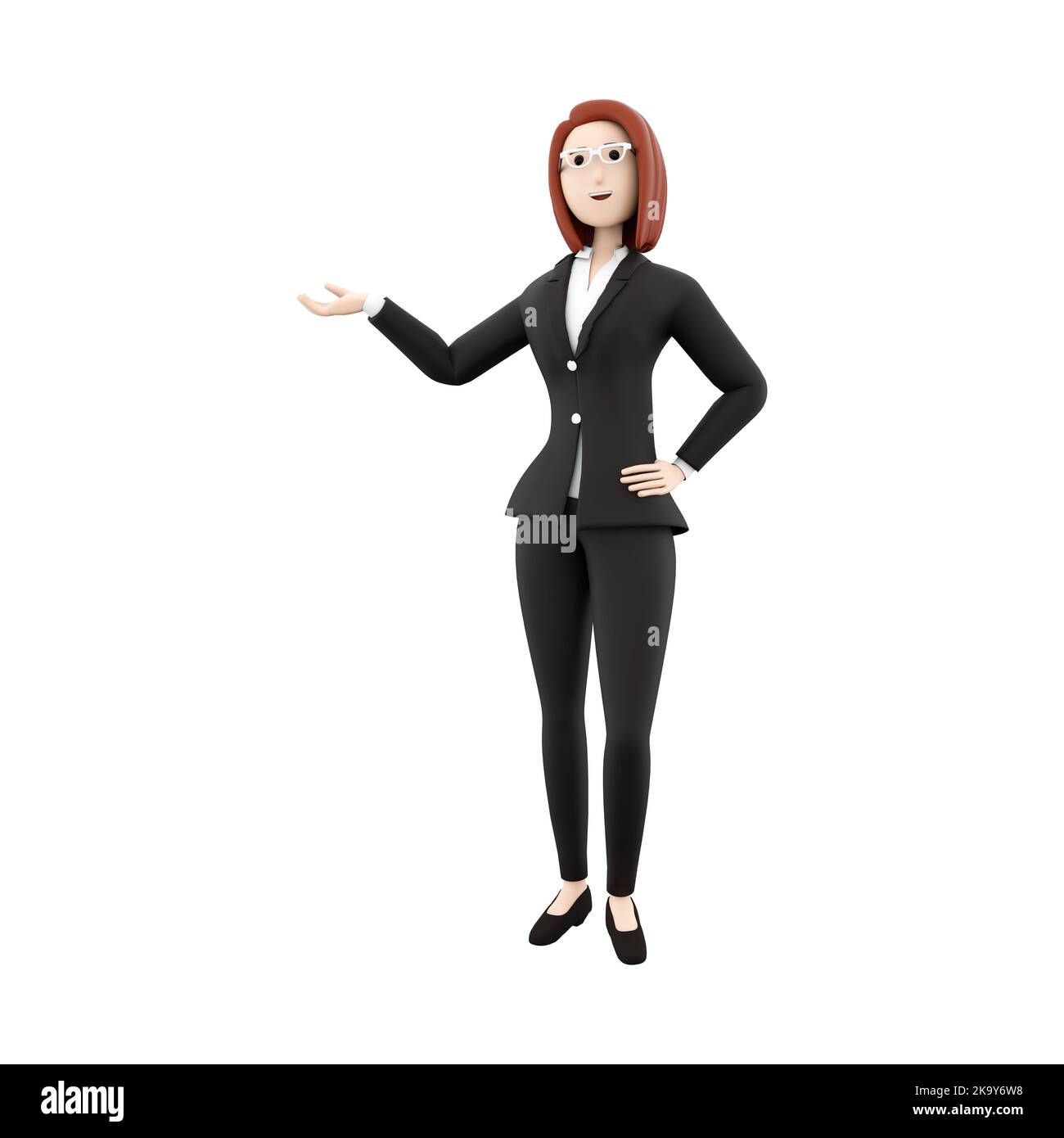 young woman showing with her hand presenting empty copy space lady 3D illustration wearing pink camisole render. Stock Photo