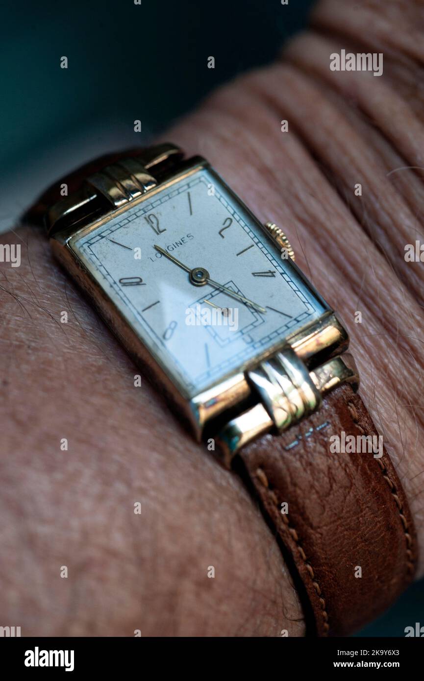 vintage 1930's longines swiss mechanical winding wristwatch Stock Photo