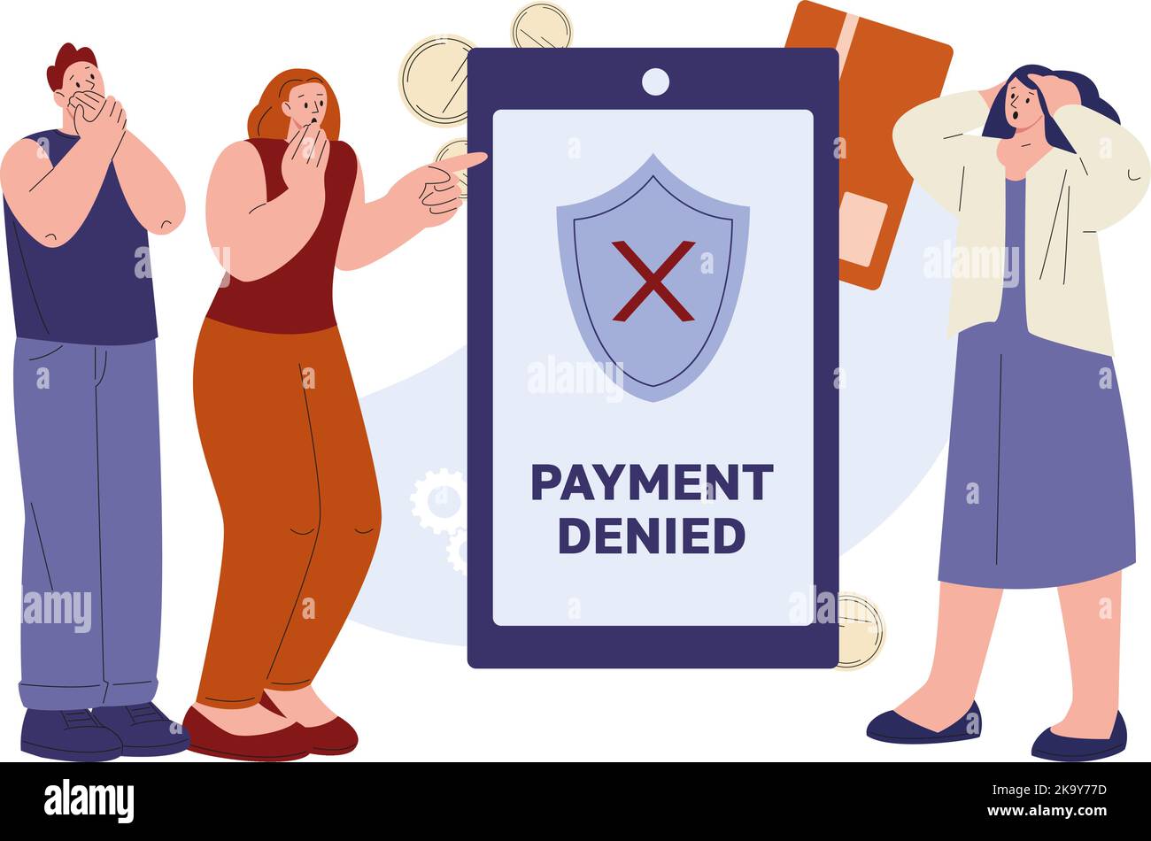 Online payment denied. Smartphone pay error, bad connection. Internet bank failed and scared people. Young characters confused vector concept Stock Vector