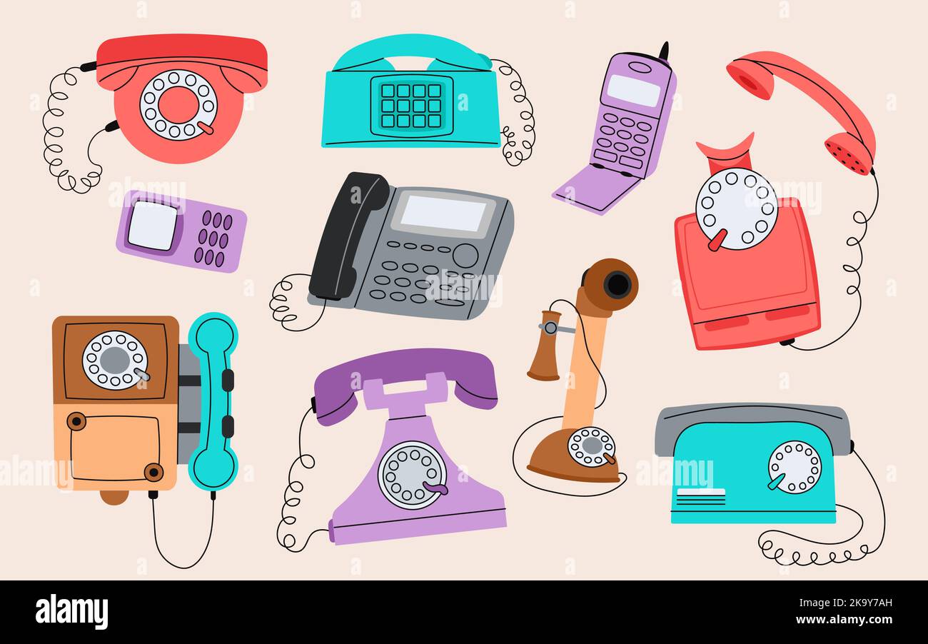 Various phones wire style. Styling telephone and handset, retro fashion vintage style cellphones. Technology invention, retro decent vector Stock Vector