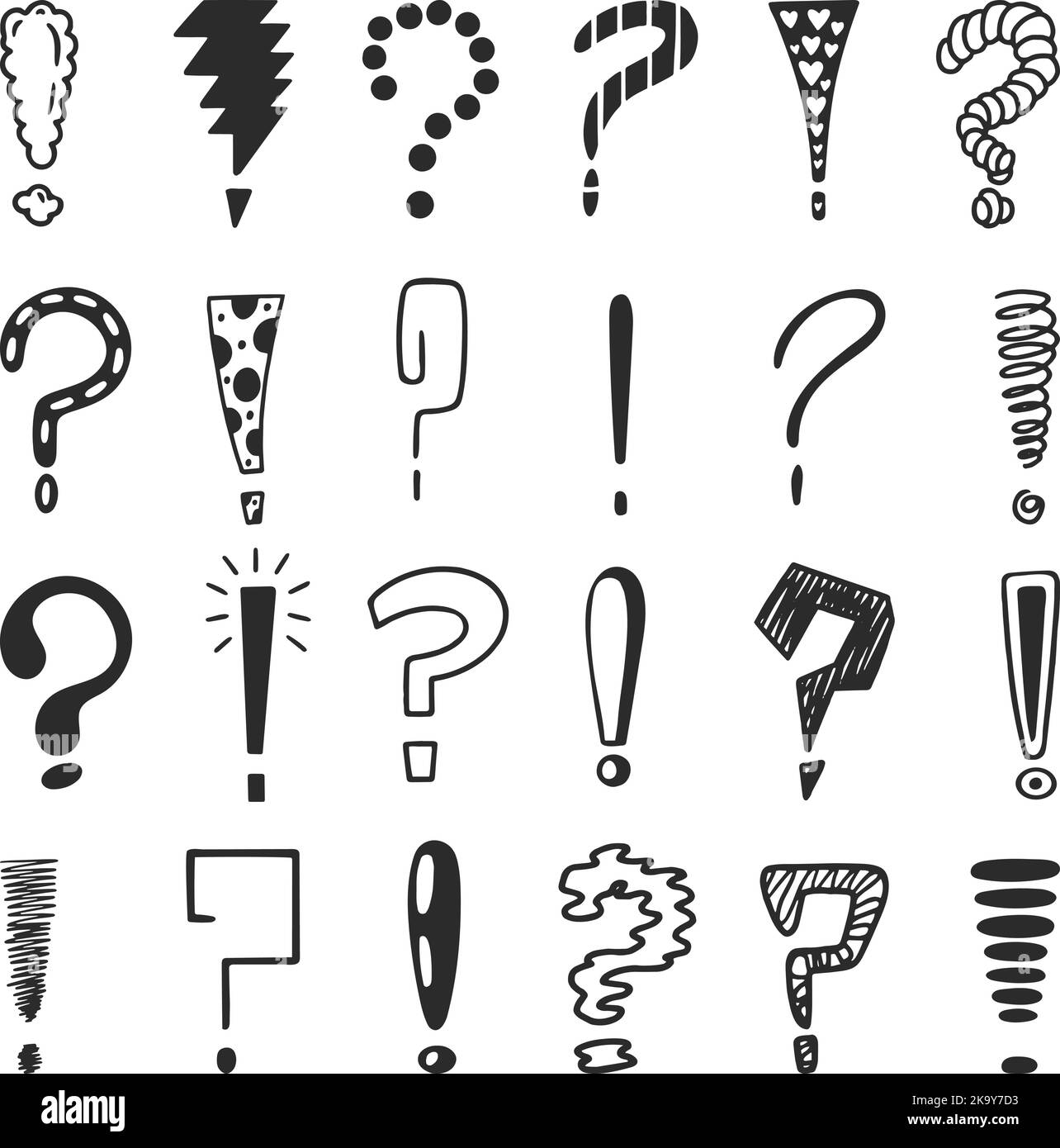 Exclamation and question points. Sketch interrogation marks, grunge scribble question exclamations signs. Problem or thinking neoteric vector symbols Stock Vector