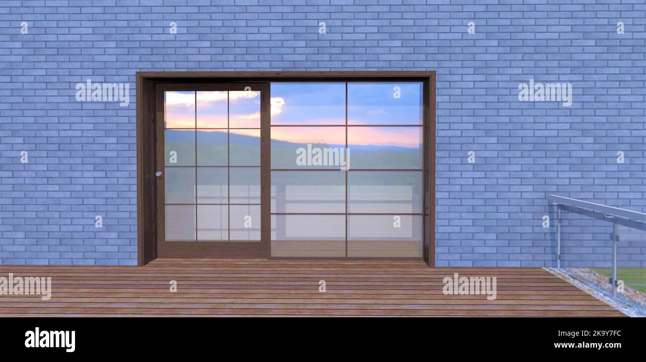 Swinging front door to a wooden terrace. The box is made of oak. Glass