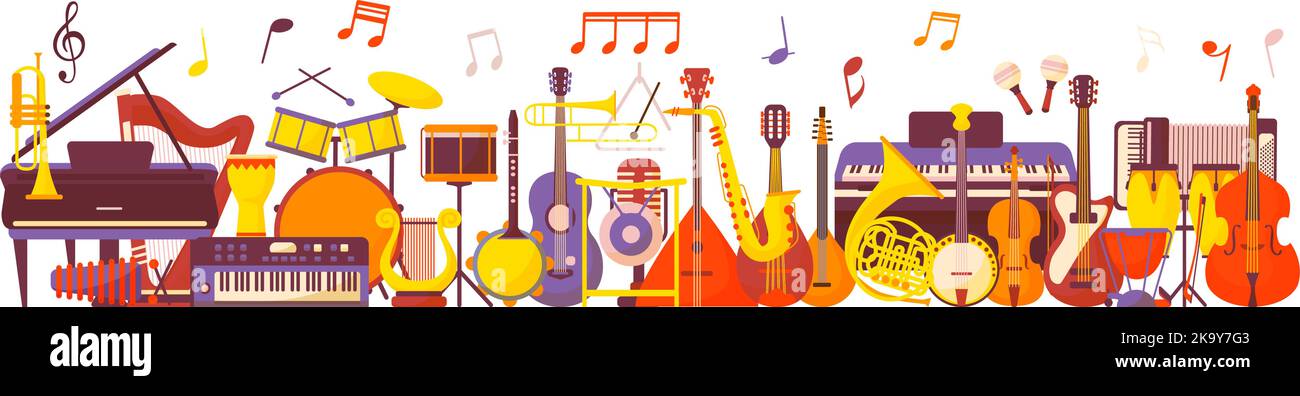 Musical instruments banner. Instrumental band, saxophone drum guitar background. Music jazz orchestra concert, abstract neoteric vector poster with Stock Vector