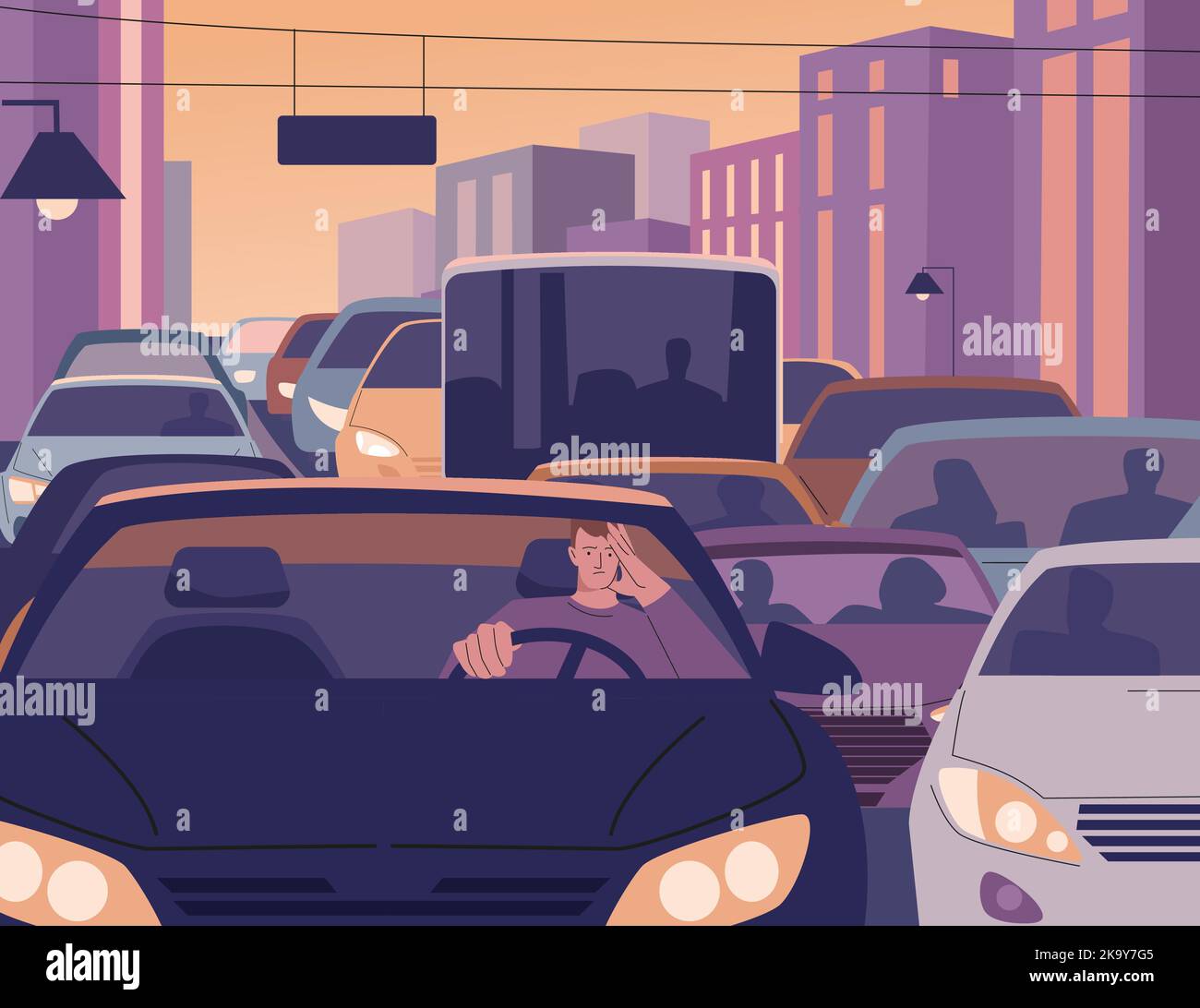 Tired man driving city traffic jam at evening. After work day, sleepy driver in car on road. Fatigue male in auto, urban environment problems kicky Stock Vector