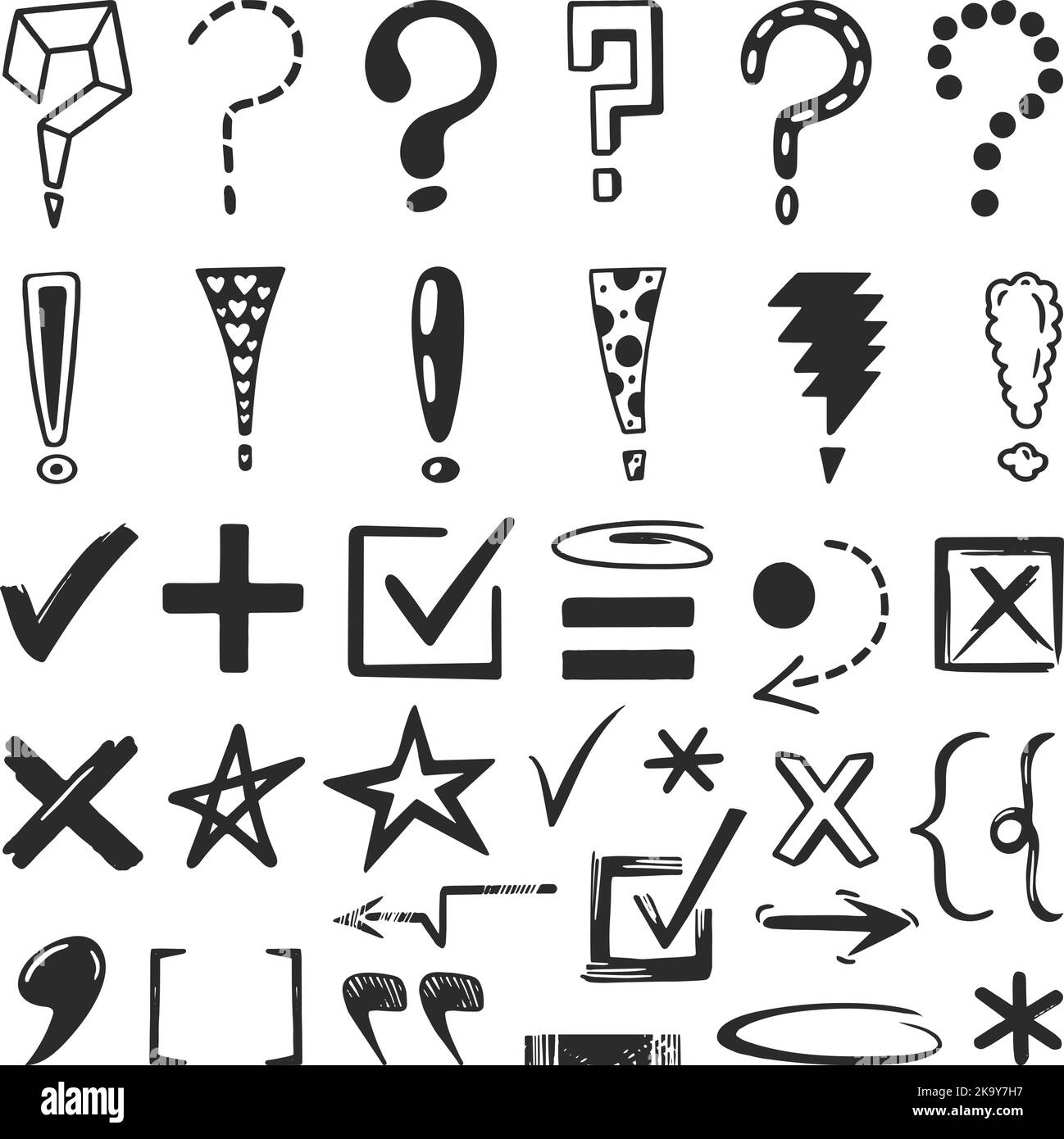 Doodle marks and signs. Sketch question, exclamation sign. Grunge doubt and check elements. Tick markers, yes and no, brackets neoteric vector set Stock Vector