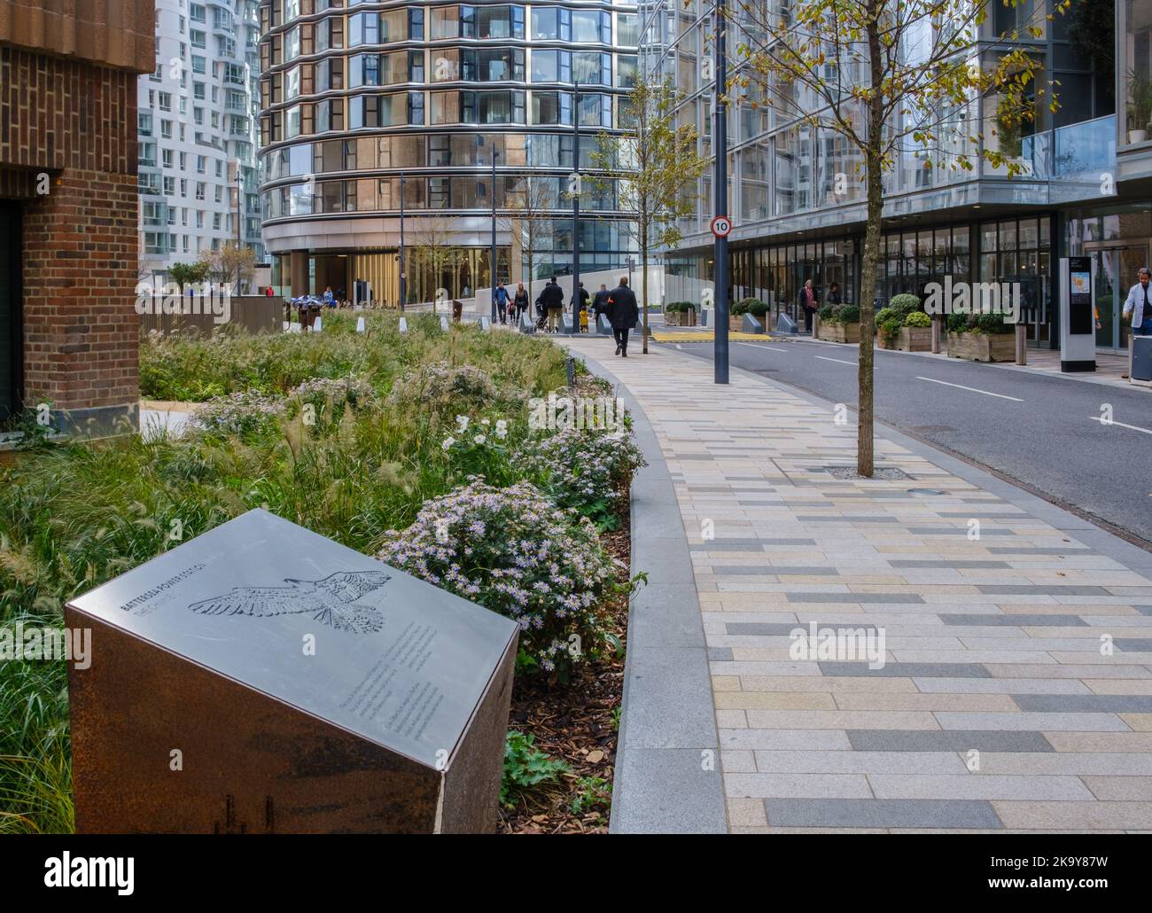 Information plaque outside Battersea Power Station with a Peregrine Falcon illustration around the iconic chimneys, 101 metres from the ground. Stock Photo