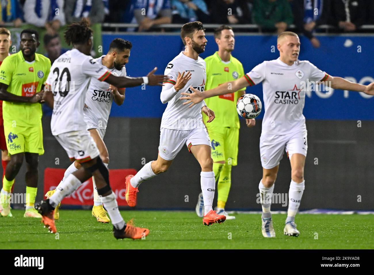 OHL's Mario Gonzalez celebrates after scoring during a soccer match