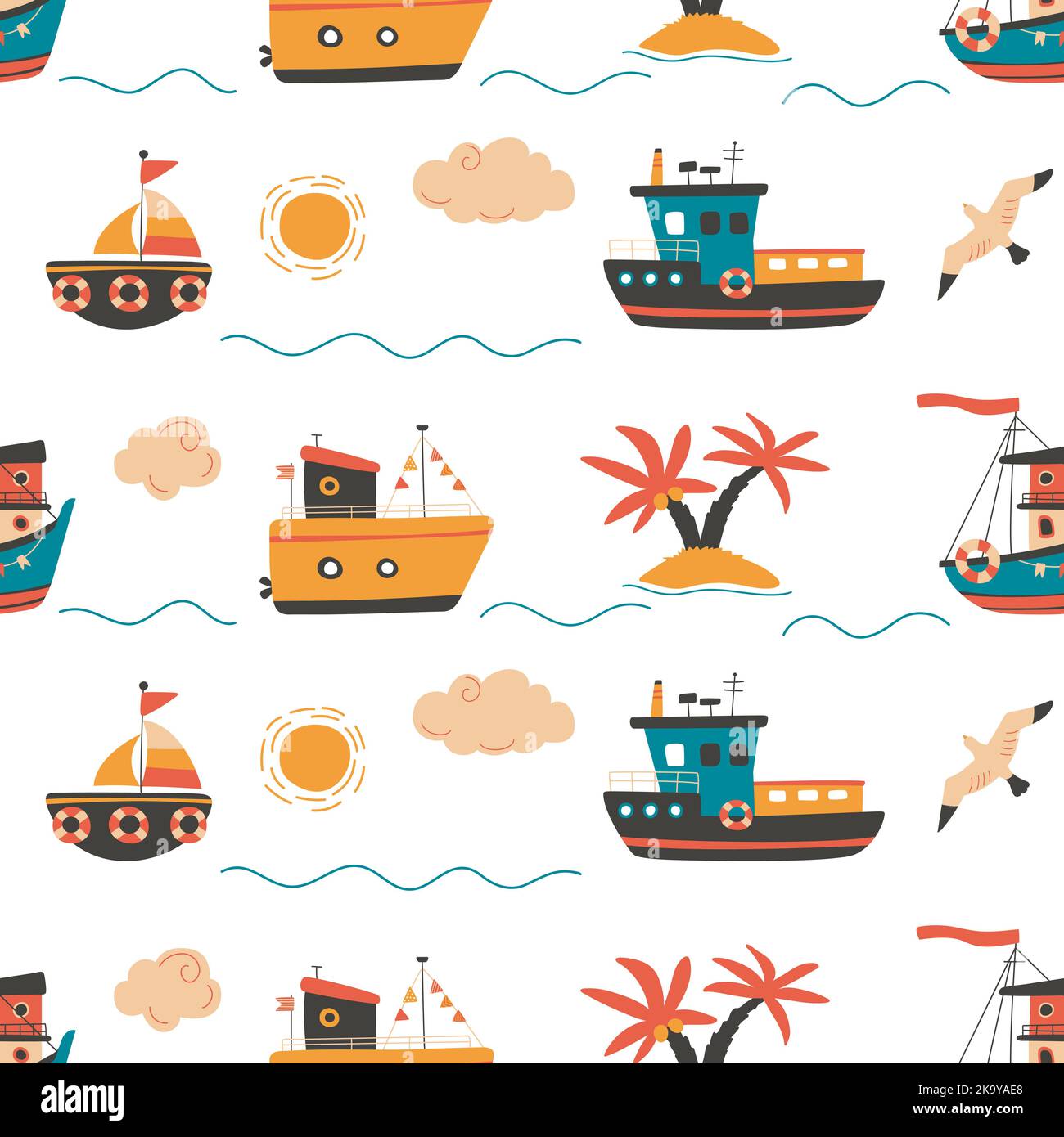 Doodle ship and sailboat seamless pattern. Boys textile print with ...