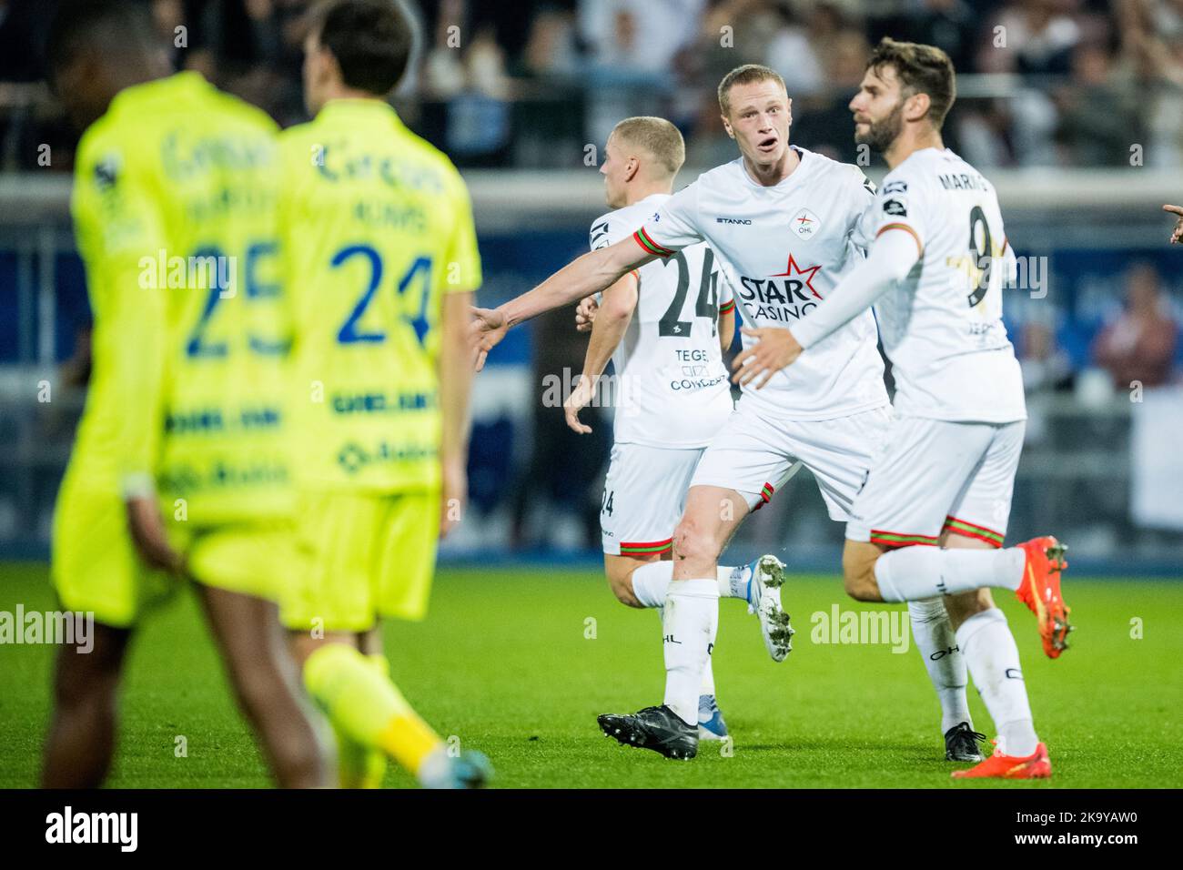 OHL's Mario Gonzalez celebrates after scoring during a soccer match