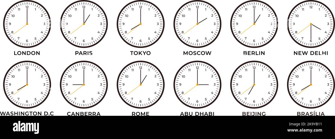 World clocks icons. London tokyo time on watch, international clock