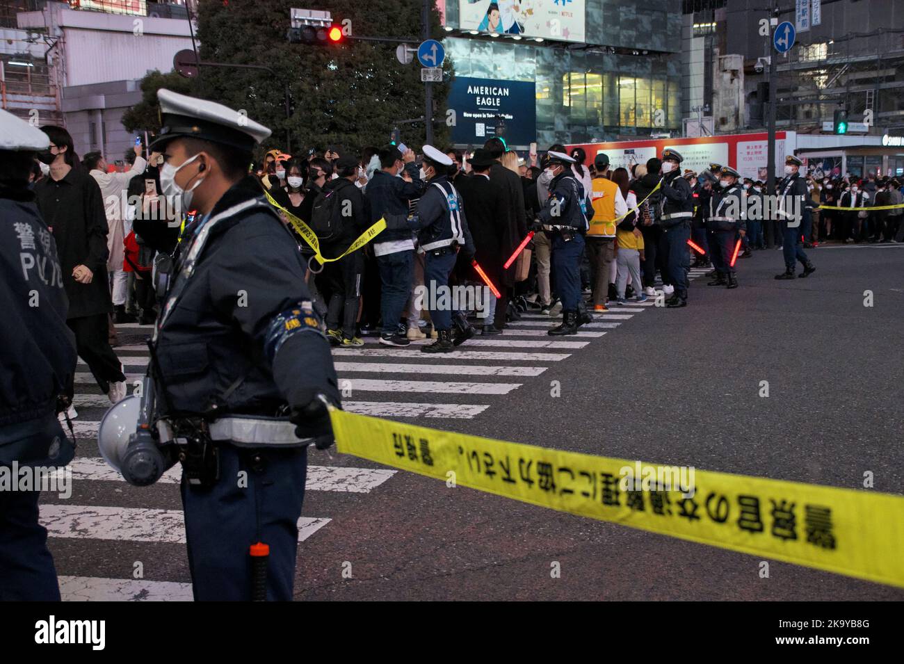 Tokyo, Japan. 30th Oct, 2022. Tokyo Metropolitan Police officers manage the Halloween crowd at the Shibuya Crossing in Tokyo, Japan on Sunday, October 30, 2022. Photo by Keizo Mori/UPI Credit: UPI/Alamy Live News Stock Photo