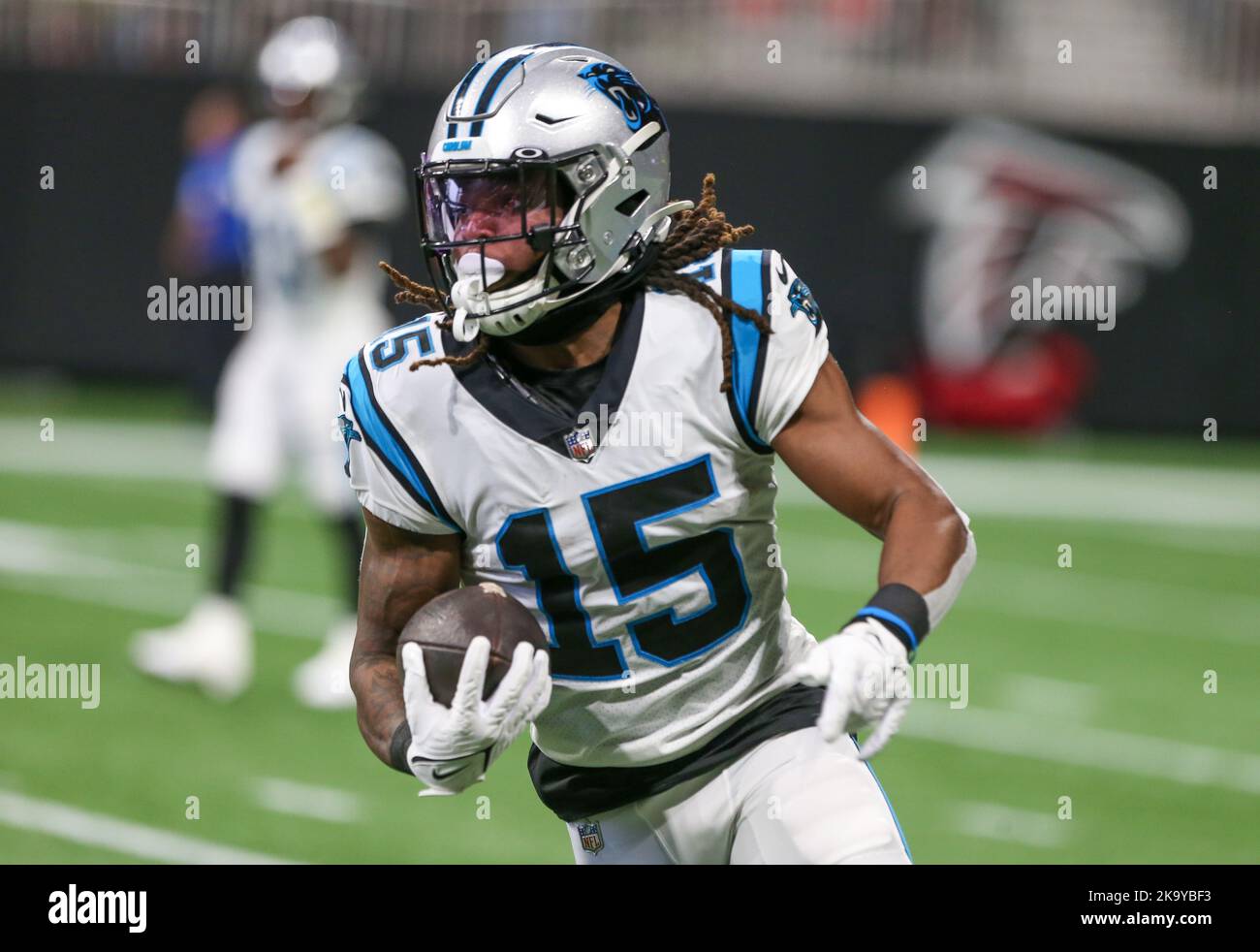 CHARLOTTE, NC - NOVEMBER 10: Carolina Panthers wide receiver Laviska  Shenault Jr. (15) during an NFL football game between the Atlanta Falcons  and the Carolina Panthers on November 10, 2022, at Bank