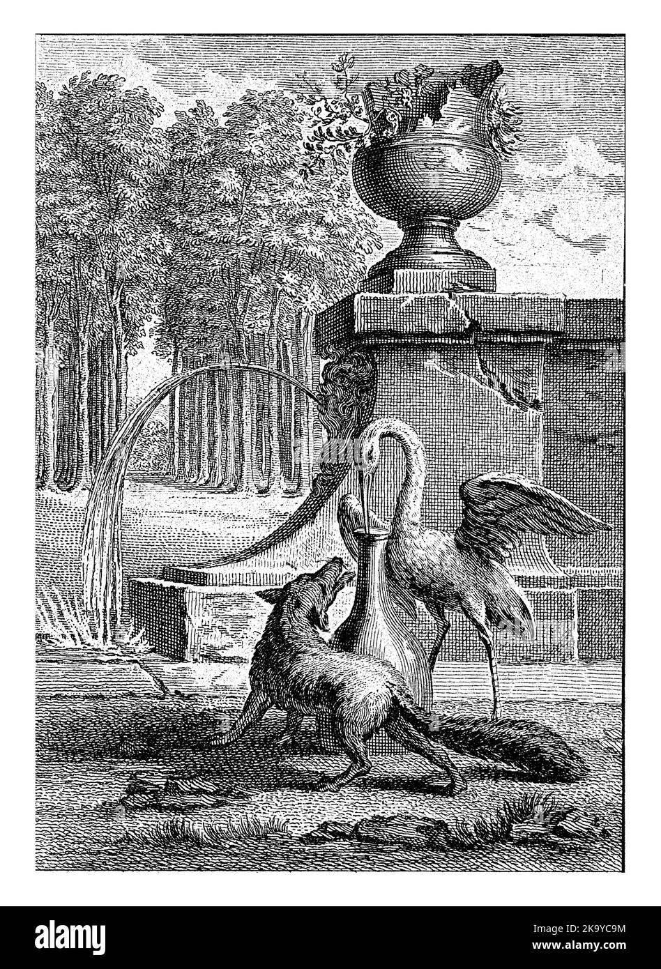 Landscape with a stork and a fox by a fountain. The stork puts its beak in a vase. Illustration of Fable XVIII Le Renard et la Cicogne. Stock Photo