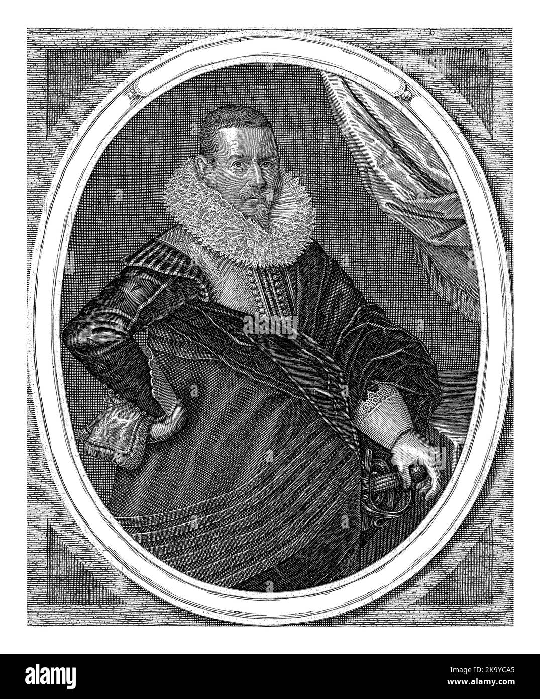 Portrait of Cornelis Liens at the age of 56, standing half-length in clothing befitting his status as a bailiff and bailiff. Oval frame, underneath Du Stock Photo