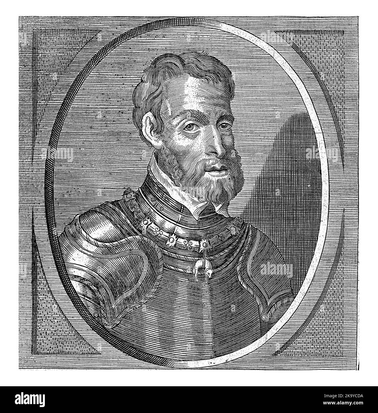Bust to the right of Charles V of Habsburg in an oval, dressed in armor