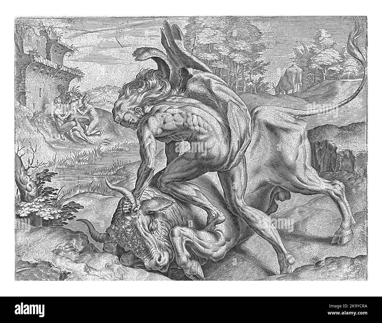 Hercules wrestles with Achelous, Cornelis Cort, after Frans Floris (I), in or after 1563 - before 1595 Hercules fights with the river god AcheloÃ¼s, w Stock Photo