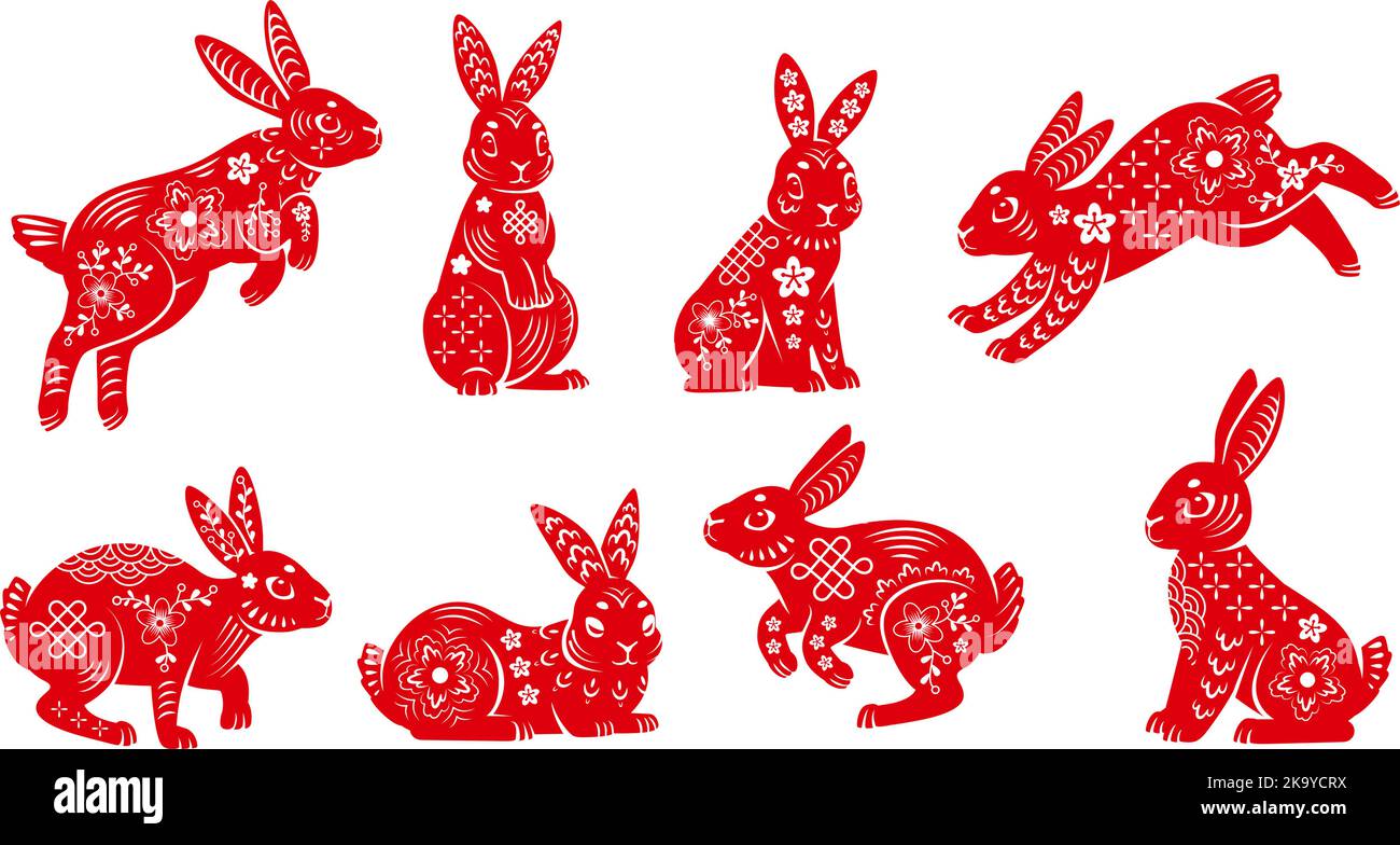 Lunar oriental rabbits. New 2023 chinese year of rabbit floral bunny