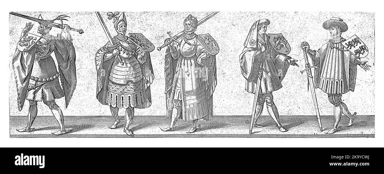 Depiction of five men with sword and shield. Stock Photo