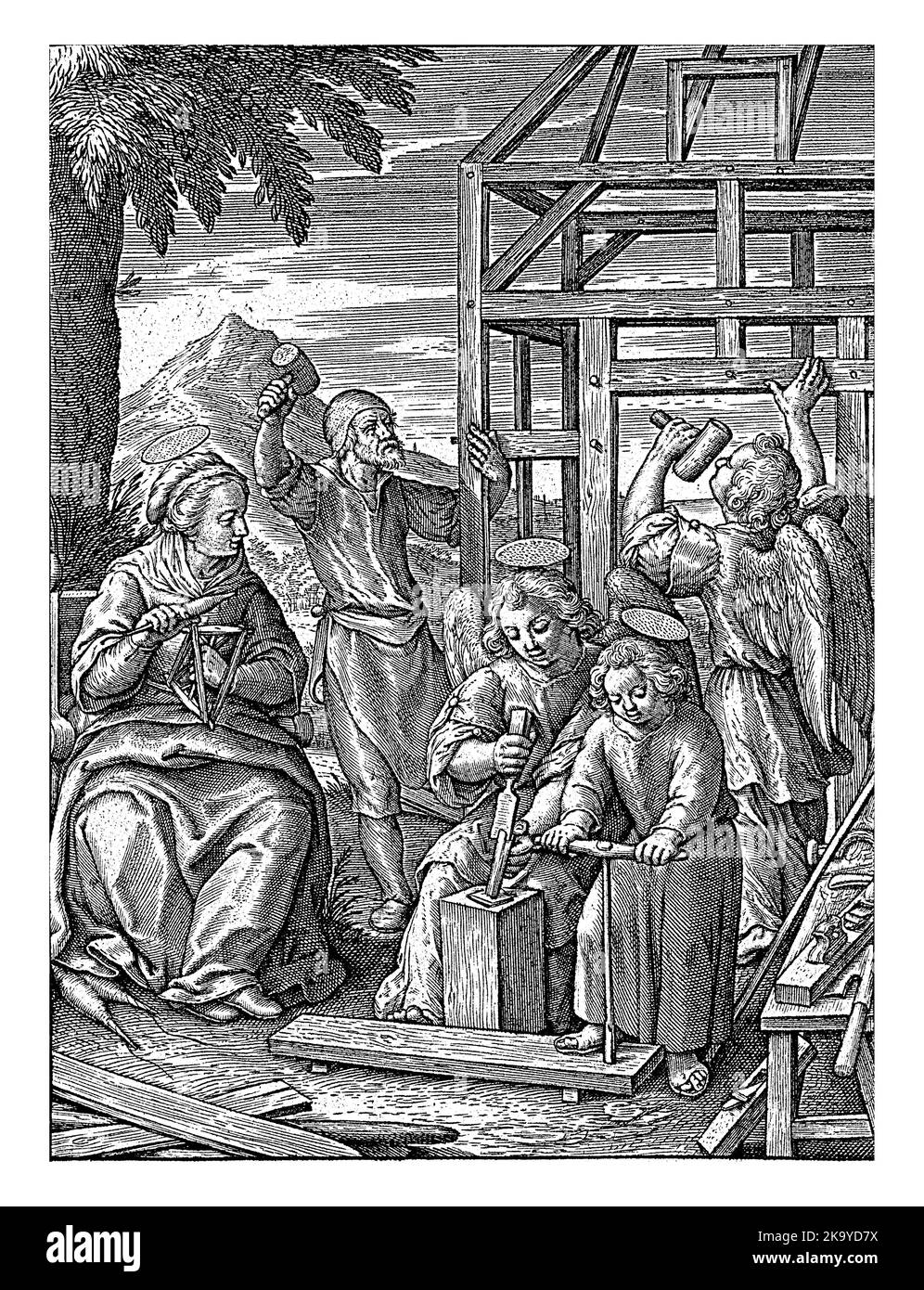 Christ Child Builds a House, Hieronymus Wierix, 1563 - before 1619 The Christ Child drills a hole in a plank. He builds a house with two angels and Jo Stock Photo
