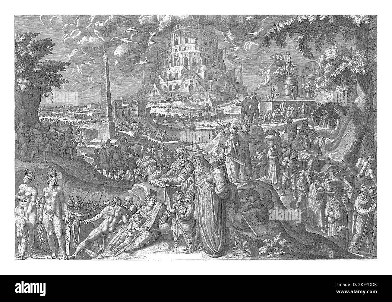 Babylonian confusion of tongues, Zacharias Dolendo, after Karel van Mander (I), 1614 - 1718 In the background the building of the Tower of Babel. Stock Photo